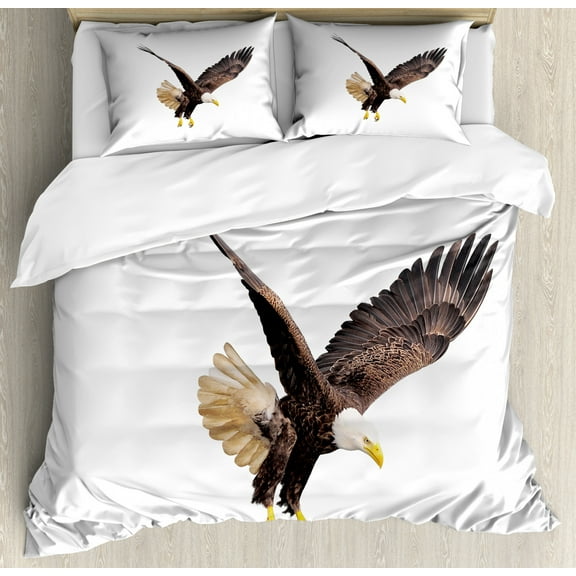 Eagle King Size Duvet Cover Set, Image of a Hunter Flying Looking for Prey Predator Scenes from Nature, Decorative 3 Piece Bedding Set with 2 Pillow Shams, Cream Dark Brown Yellow, by Ambesonne