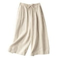 thumbnail image 2 of Palazzo Jumpsuit For Women Stretchy Cotton Linen Capris Mid Rise Wide Leg Capris Drawstring Elastic Waist Capri Palazzo Pants Straight Pull On Lounge Capris Casual Summer Solid Cropped Pants Beige, 2 of 5