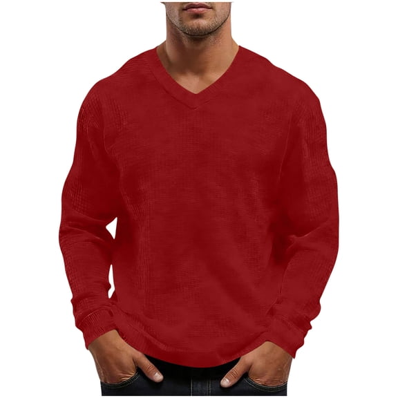 Mens Long Sleeve Waffle Office Thermal Pullover V Neck Breathable Textured Knit T-Shirt, Regular Fit Soft Stretch Tee Solid Color Fashion Casual TShirts for Travel, Big & Tall