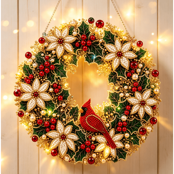2026 Christmas Diamond Painting Wreath Kit, Gloss Beaded Art Hanging Pendant for Holiday Mantel Display