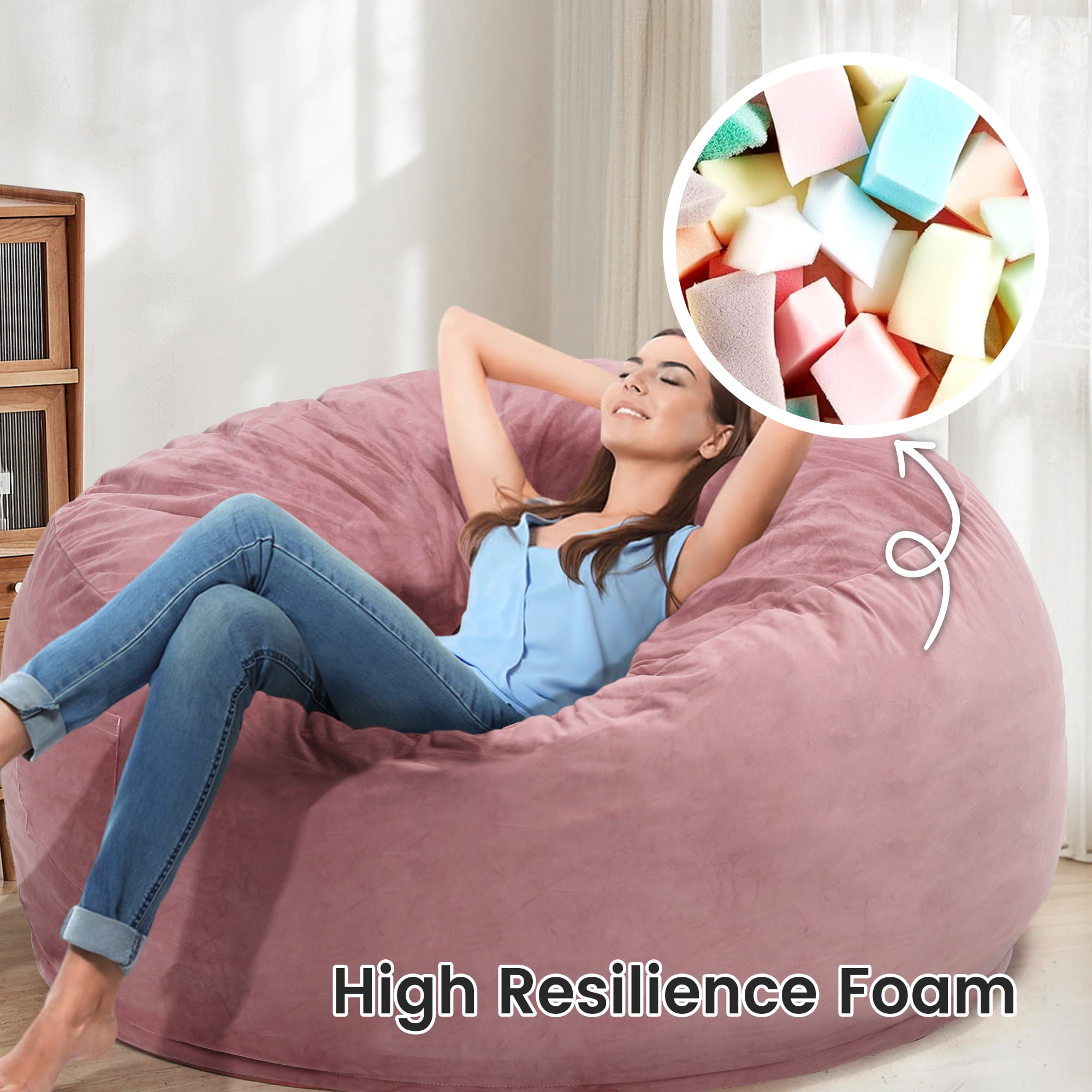 TUAREX 4FT Bean Bag Chair, Memory Foam Bean Bag Chairs for Adults, with Removable Washable Soft Suede Cover, Comfy Beanbag Sofa for Living Room, Bedroom, Pink