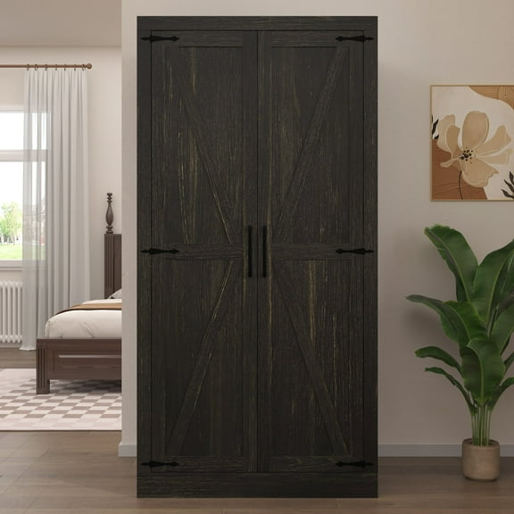 NAIYUFA 71" Large Armoire Wardrobe Closet with Hanging Rod,Farmhouse Clothing Storage Cabinet with 2 Barn Doors,Wooden Tall Bedroom Armoires for Hanging Clothes,Rustic Brown