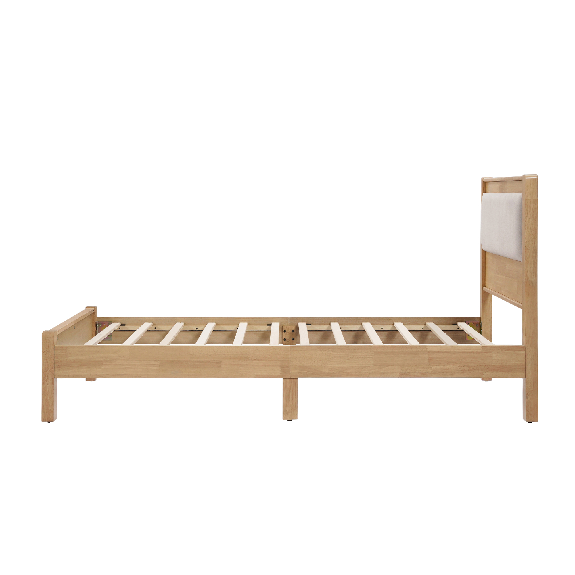 HOQBN Twin XL Solid Rubberwood Bed Frame with Upholstered Headboard, Reinforced Central Support Legs for Bedroom Natural