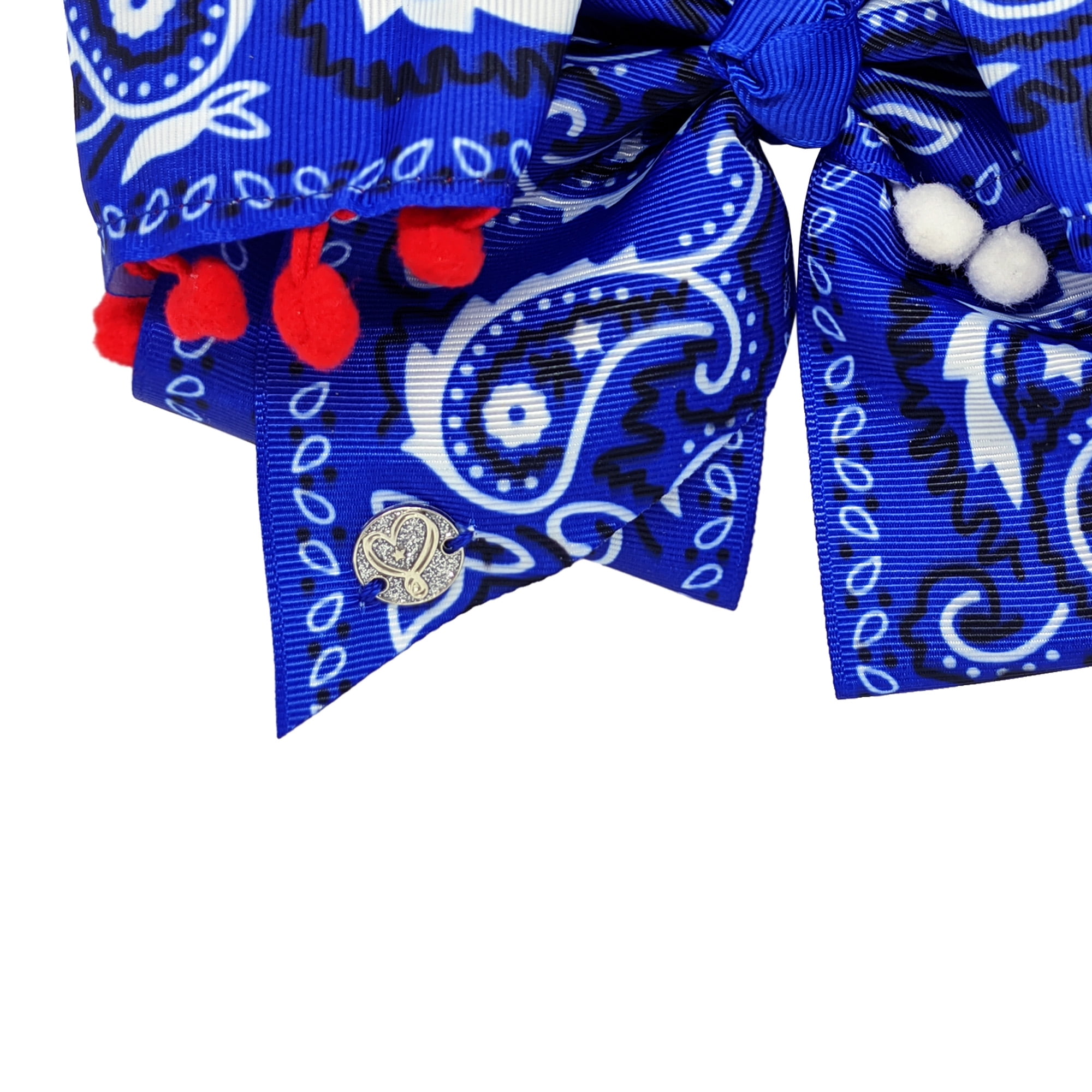 Jo Jo Siwa Bow in Blue Bandanna Print with Red and White Pom Accents