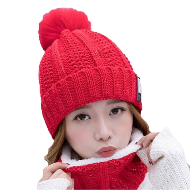 Femmes Boule de Poils d'Hiver Chaude Plus Bonnet Tricoté en Velours+ Écharpe