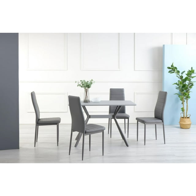 Grey anti-scratch powder-coated metal dining set featuring a rectangular table and four grey PU upholstered chairs in a bright, minimalist room.