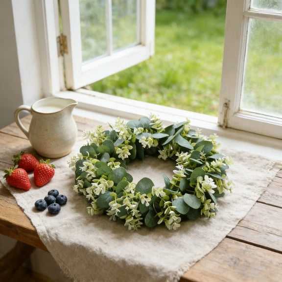 Artificial Eucalyptus Wreath, 12" Green Greenery with White Blossoms for Front Door, Porch, Mantle, Window, Farmhouse, Wedding, Home Decor Gift