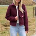 thumbnail image 2 of Women Cropped Bomber Jacket Button Down Varsity Shacket with Pockets Lapel Neck Long Sleeve Full Zip Casual Coat, 2 of 7