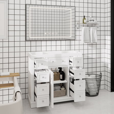 36" Bathroom Vanity without Sink, Cabinet Base Only, One Cabinet and Six Drawers, White