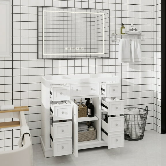 36" Bathroom Vanity without Sink, Cabinet Base Only, One Cabinet and Six Drawers, White