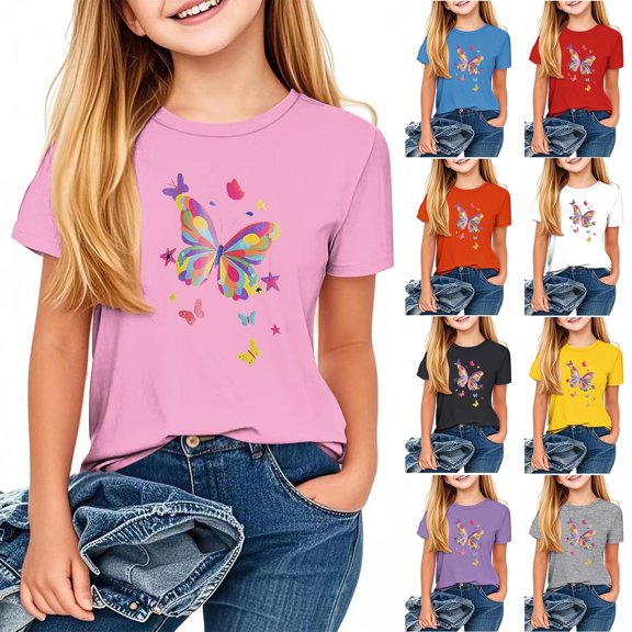 Eltusu Girls Cotton T-shirts, Crew Neck Pullover Short Sleeve Fashion Kids Tops Pink Size 1-13 T