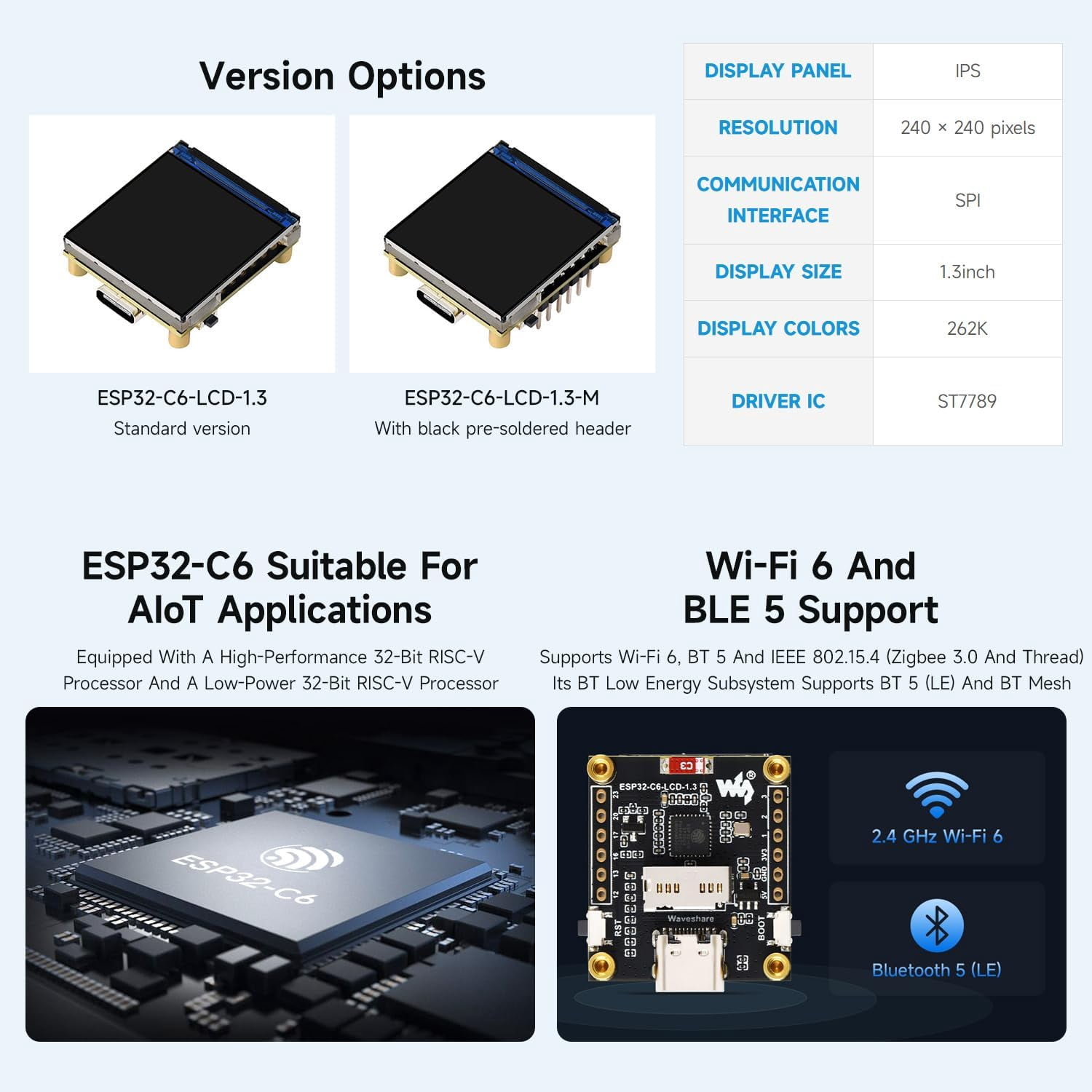 ESP32-C6 1.3inch LCD Display Development Board, 240 × 240 Pixels, 262K Color, Supports Wi-Fi 6 and BLE 5