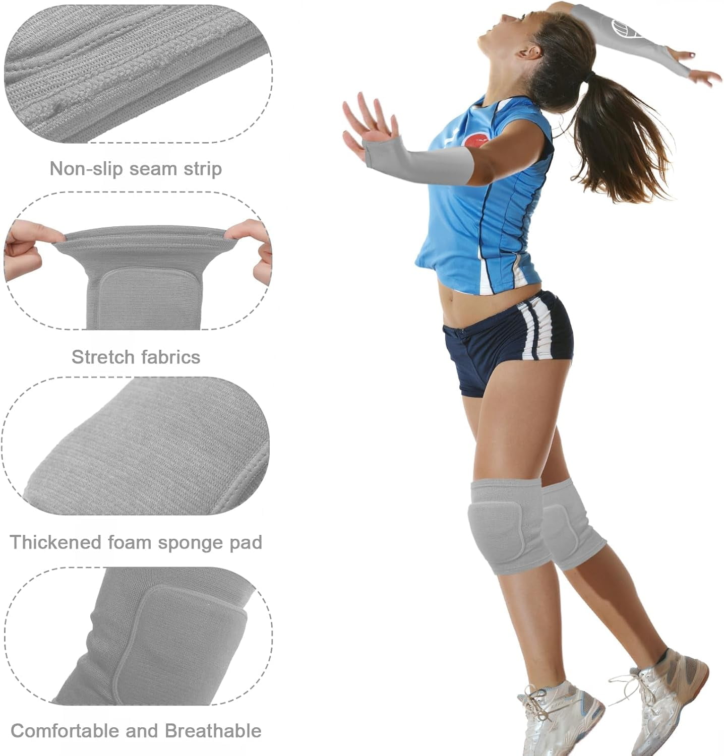 Volleyball Knee Pads and Arm Sleeves with Protection Pad Compression Forearm Wrist Guard Thumb Hole Soft Breathable