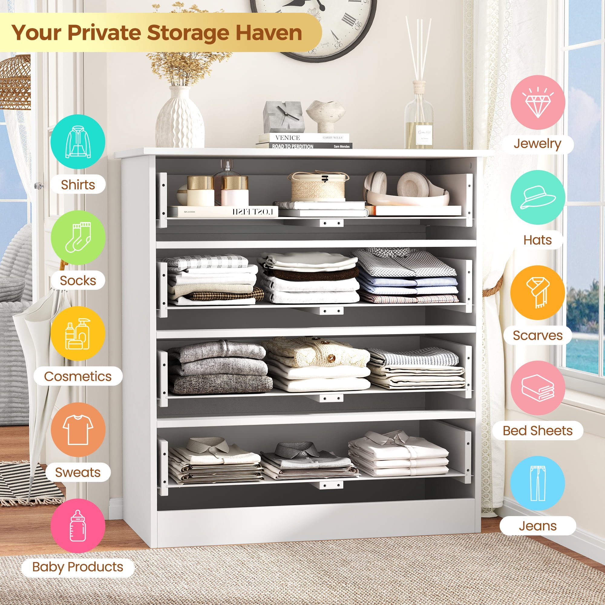 4-Drawer Dresser, 34.6” Tall White Dresser for Bedroom Storage, Hallway Chest with Large Drawers, 29.5” Wide Space Saving Furniture