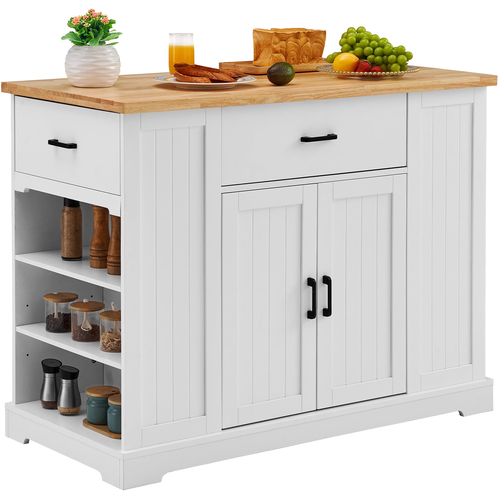 KFFKFF 46" Kitchen Island Cart with Storage, Wooden Countertop Utility Cart with Adjustable Shelving, Drawer, Ideal for Dining Area, Living Space, White