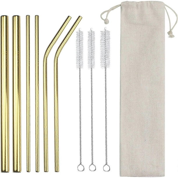 10 Pcs Golden Reusable Metal Straws with Travel Case & Cleaning Brush 8.5" Stainless Steel Drinking Straw for 20 oz Tumblers Yeti - -