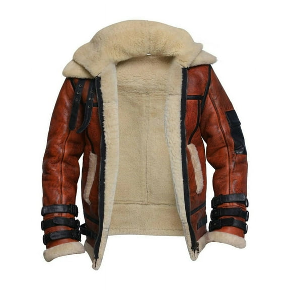 Handmade - Mens Vintage Biker Brown Bomber B3 Fur Shearling Motorcycle Distress Real Sheep Leather Jacket