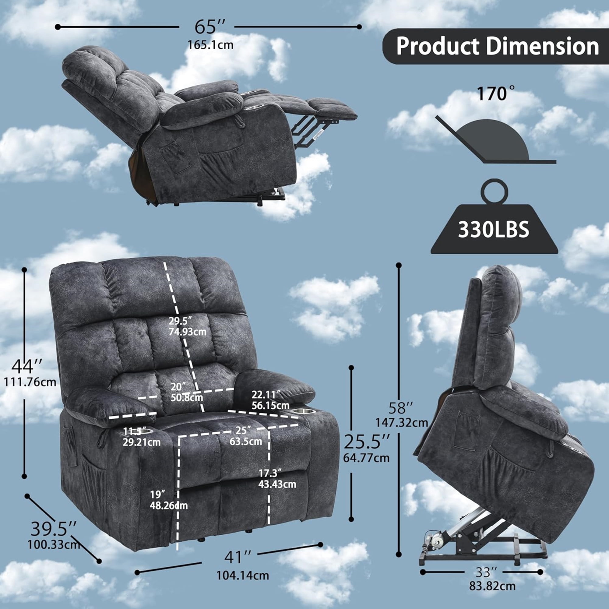 LITVZ Heavy Duty Recliner Chairs with Cup Holders for Adults Big and Tall, Oversized Power Recliner Lift Chair for Elderly, Heat and Massage, Stand Up, Lay Flat 160 Degree Sleeping