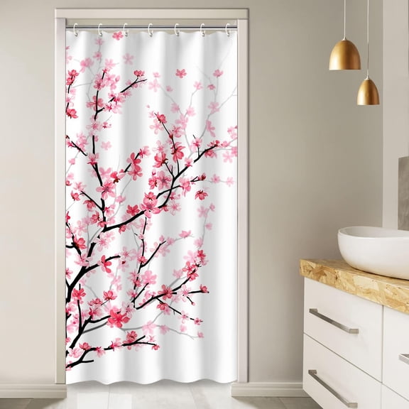 Pink Floral Shower Curtain Cherry Blossom Bathroom Curtain with Hooks, Fabric Sakura Plum Blossom Bath Curtain, Decorative Flower Shower Curtain for Bathroom Machine Washable, White 36"WX 72"H