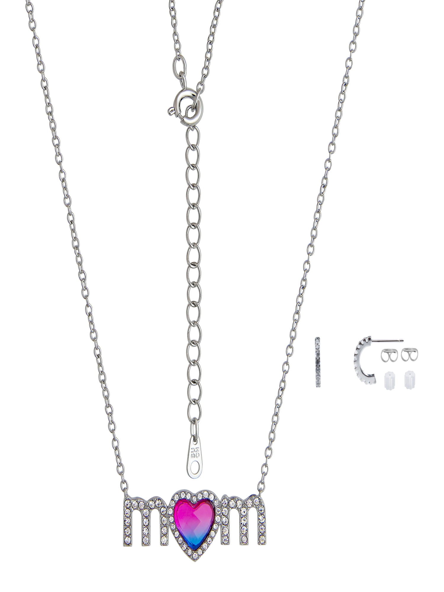Believe by Brilliance Women's Crystal Mom Pendant and Ear Set in Fine Silver Plated Brass