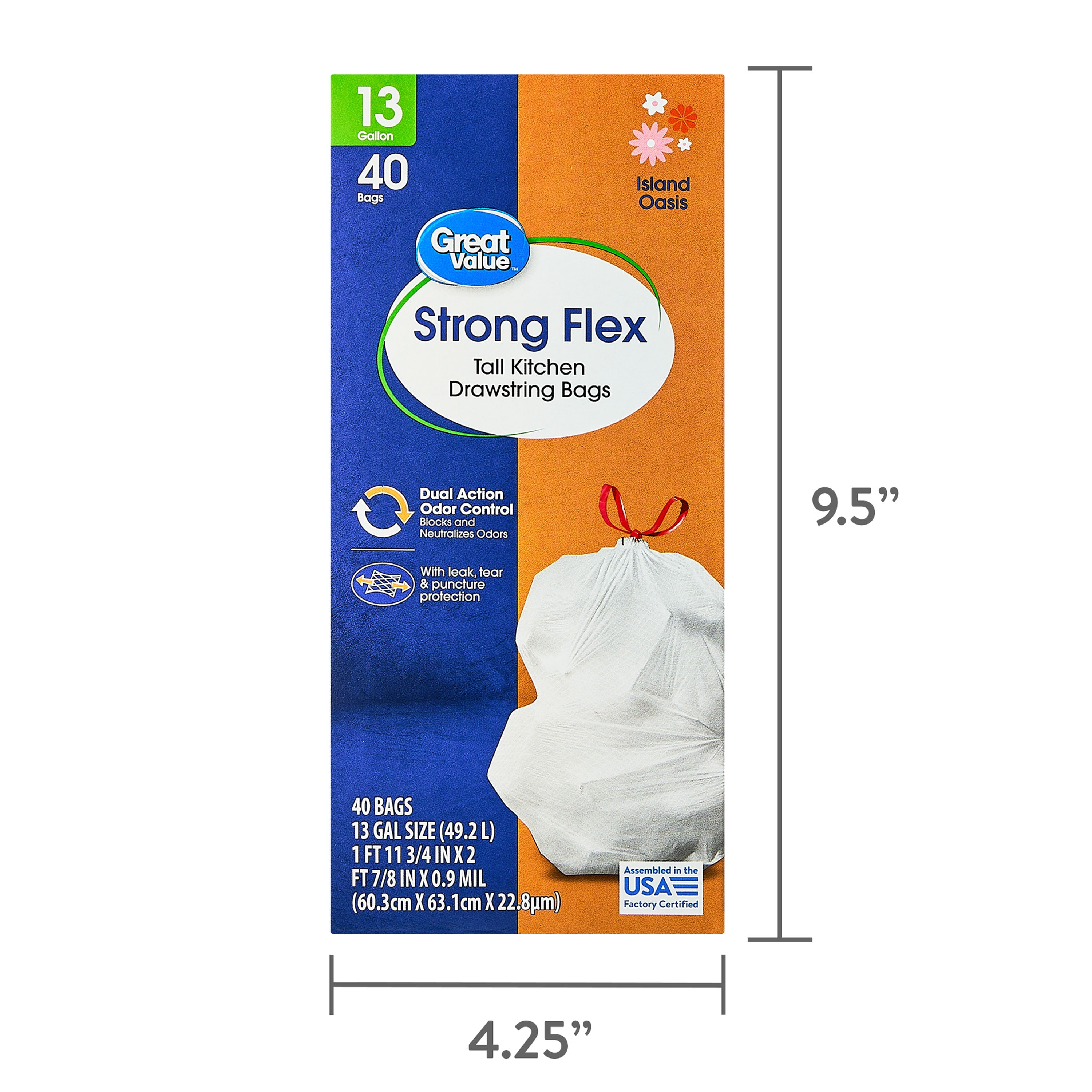 Great Value Strong Flex 13-Gallon Drawstring Tall Kitchen Trash Bags, Island Oasis, 40 Count