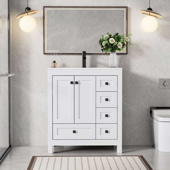 Eclife 30" Integrated Bathroom Vanity with Resin Sink , Single Sink Modern Storage Cabinet, Water-Resistant Finish