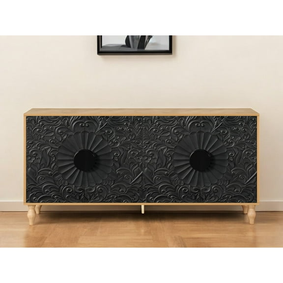 68" Natural and Black Distressed Carved Floral Sideboard with Four Doors