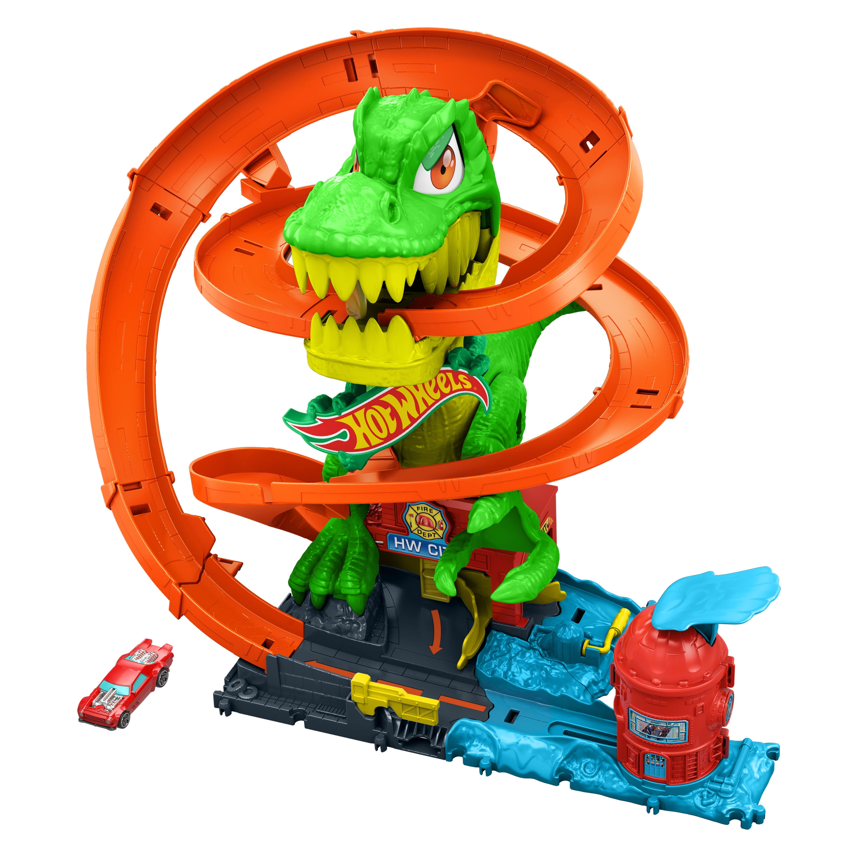 Hot Wheels City T-Rex Blaze Battle Playset & 1:64 Scale Die-Cast