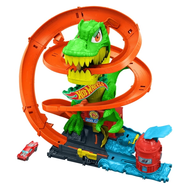 Hot Wheels City T-Rex Blaze Battle Playset & 1:64 Scale Die-Cast