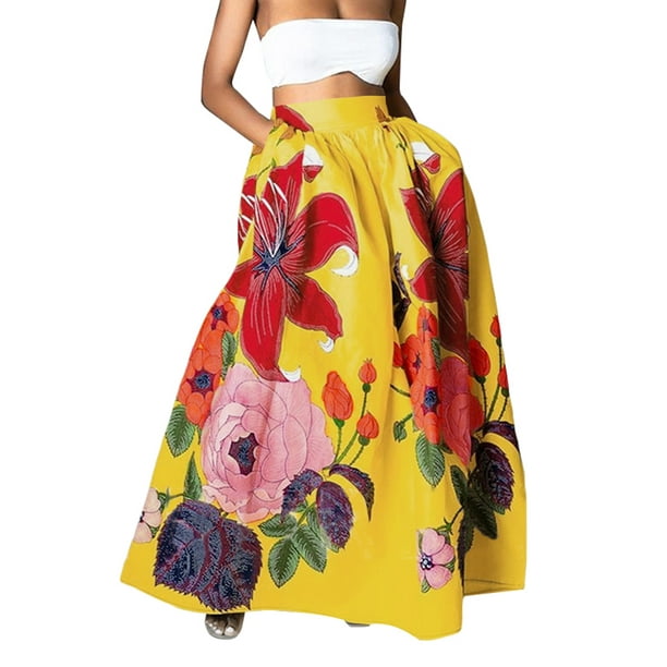 Celmia Women Vacation High Waist Elastic Back Pockets Leaf Print Skirt
