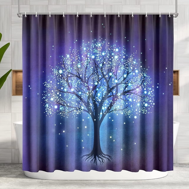 Cortina de ducha azul, cortinas de ducha con diseño de árbol de la vida para baño con ganchos, juegos de cortinas de ducha de tela de poliéster, lavables a máquina, impermeables, modernas cortinas de