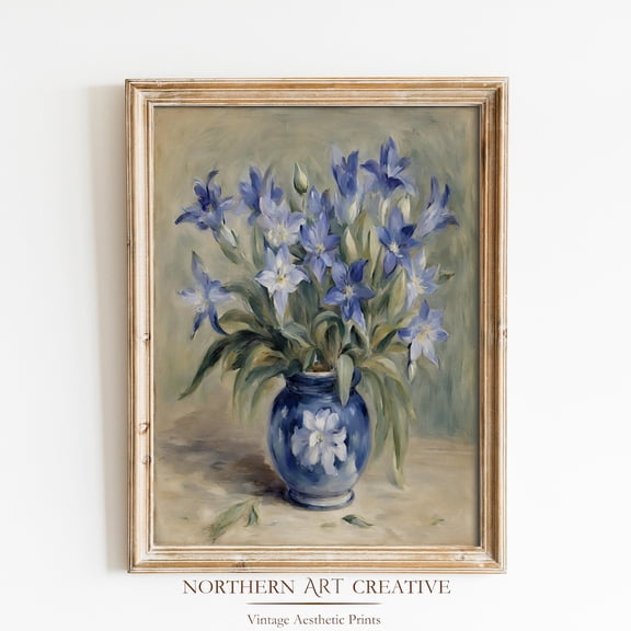 Vintage Blue Gential Flowers Wall Art, Antique Floral Decor, Aesthetic, Rustic Farmhouse Decor, 19Th Century Wall Art Home Decor #2506, Unframed Poster Size 8x12