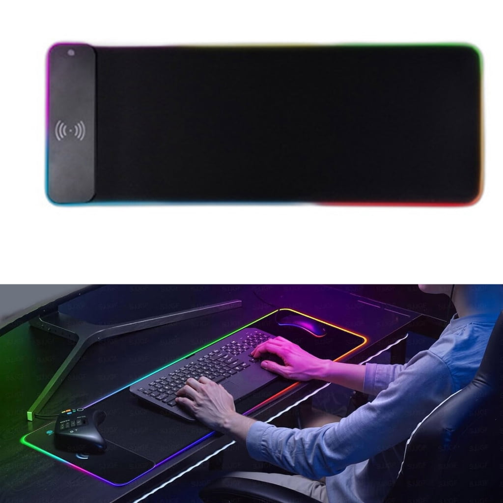 Yammee LED Gaming Mouse Pad with 15W Wireless Charging Rubber Base Computer Keyboard Mat for Gaming PC Laptop Accessories