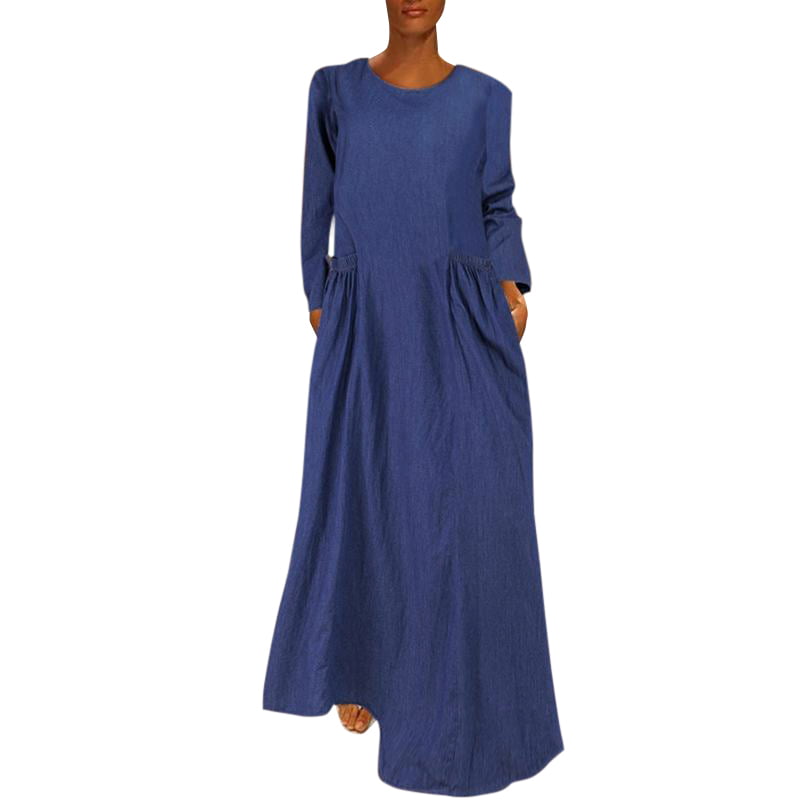 VONDA Women Long Sleeve Denim Dress Loose Casual Vintage Solid Ruffle ...