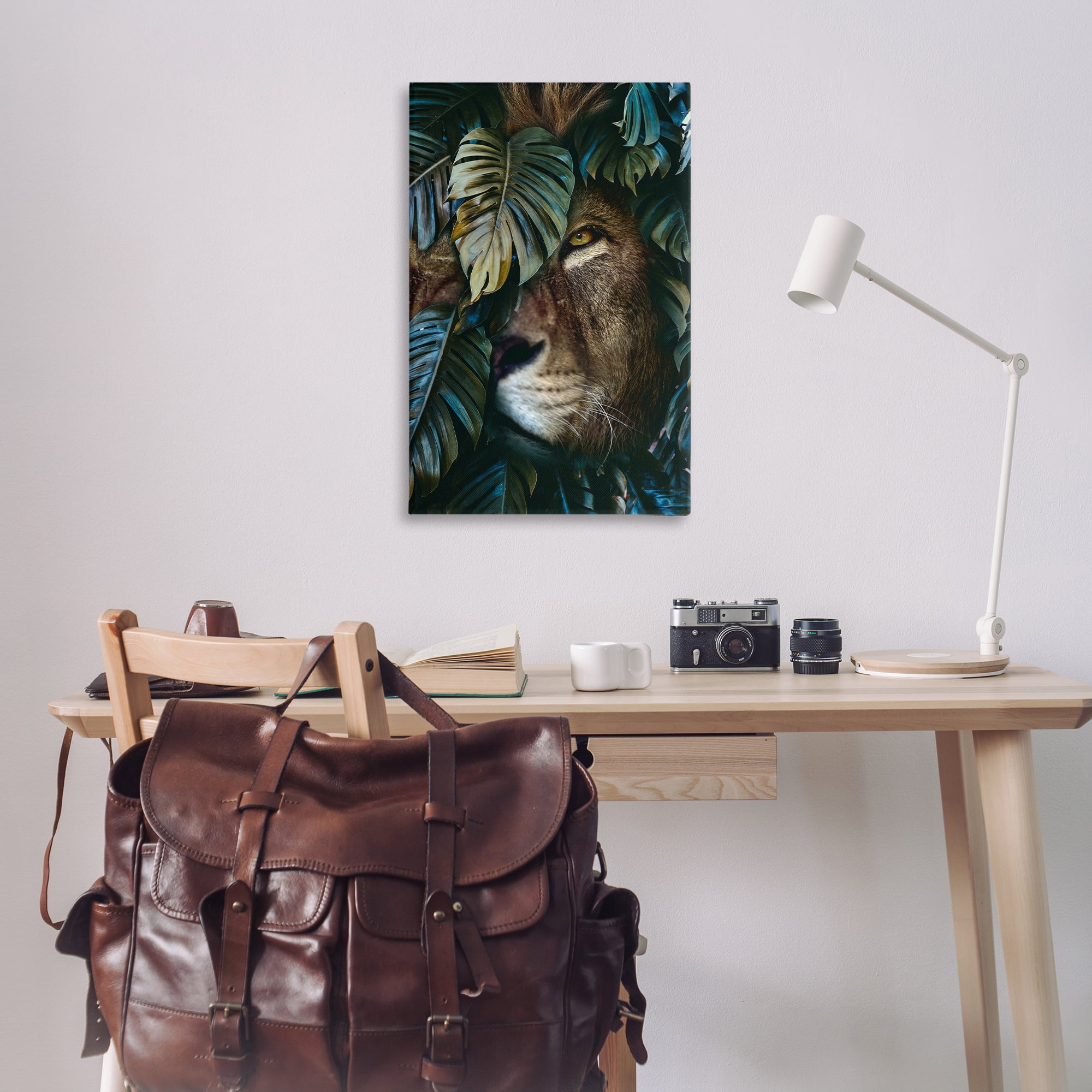 Stupell Industries Lion Peering Monstera Leaves Plants & Flowers Painting Wrapped Canvas Art Print Wall Art, 24 x 36