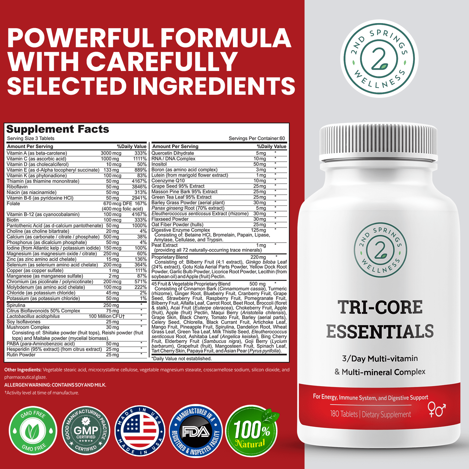 Tri-Core Essentials - 3 A Day Comprehensive Multivitamin Multimineral Complex with Probiotics, Prebiotics, Digestive Enzymes, Mushrooms, Adaptogens, and 45 Fruits and Vegetables - 180 Tablets