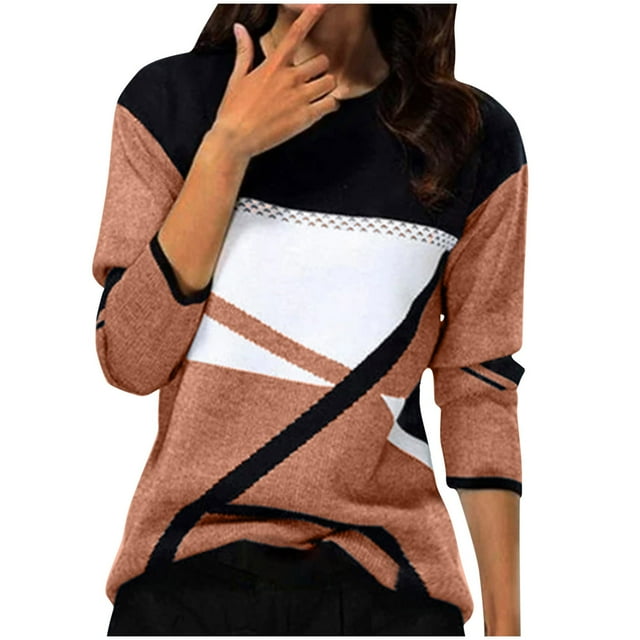 FAIWAD Hauts à Manches Longues Col Rond Imprimé Patchwork Géométrique pour Femmes, Printemps Été