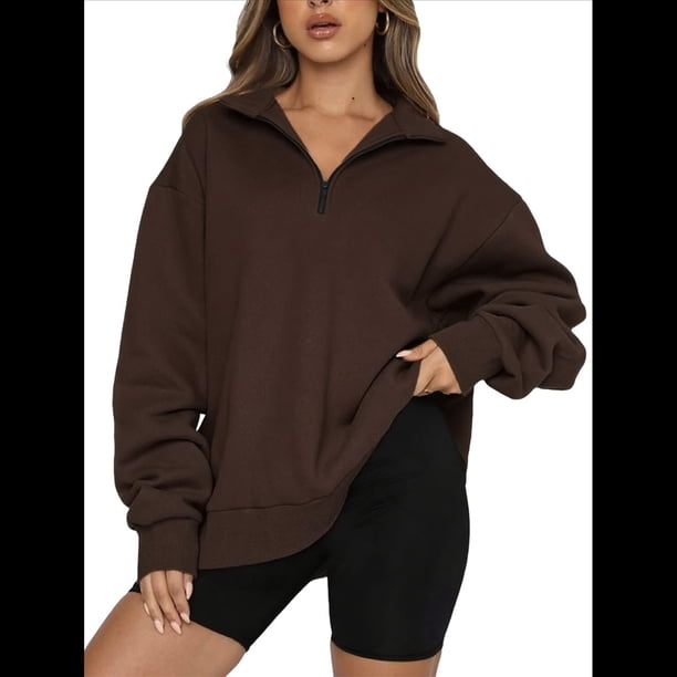 Sudadera de Entrenamiento de con Media Cremallera para Mujer, de Gran Tamaño, de Larga, Color Liso, con Hombros Caídos. Marrón Oscuro XXL