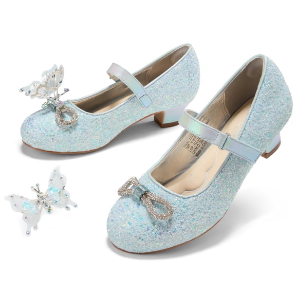 PATPAT Girls Mary Jane Dress Shoes Glitter Sequins Rhinestones Bow Low Heel Princess Shoes with Butterfly Hair Clips