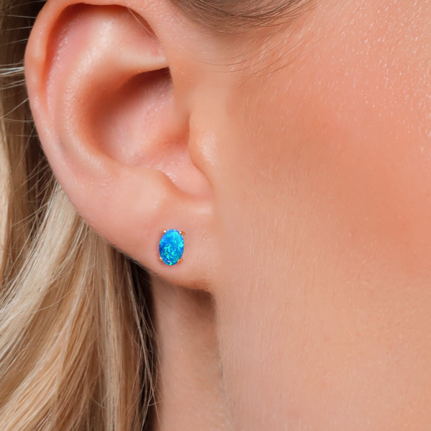 Gem Stone King 10K Yellow Gold Blue Opal Stud Earrings for Women Men (1.00 Cttw, Gemstone October Birthstone, Oval Cabochon 6X4MM)