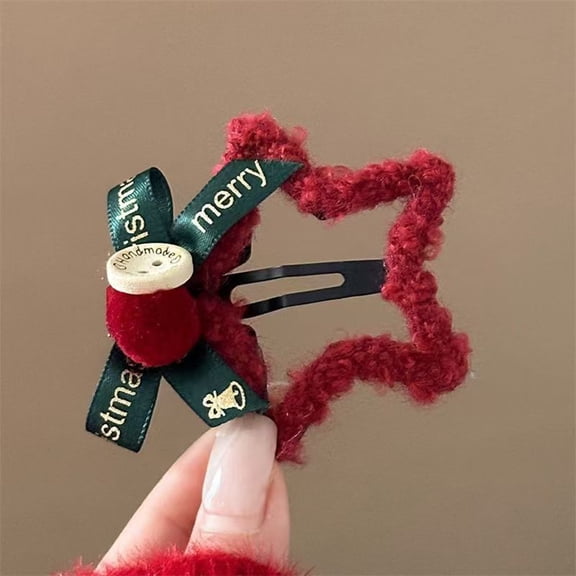 Red Star Shaped Hair Clip Bow Plush Hair Clips for Women-Christmas present