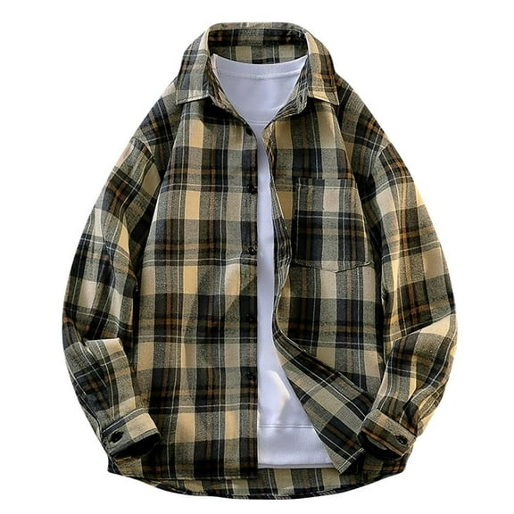 Bxsruta Shirts for Men, Men's Vintage Checkered Button Up Lapel Shirt, Classic Plaid Long Sleeve Polyester Top with Point Collar
