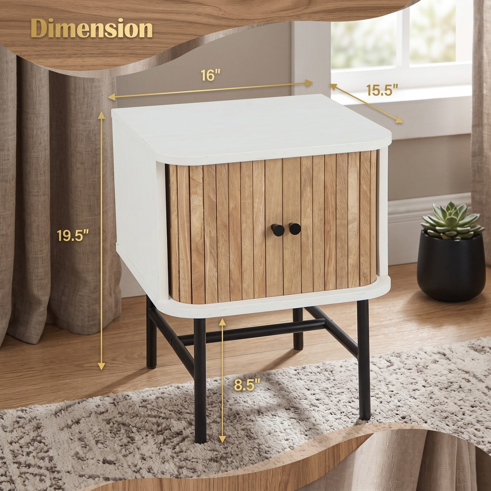 Furnibear Mid-century Modern Nightstand with Sliding Doors and Storage Cabinet, Compact Bedside Table with Metal Legs for Bedroom, White