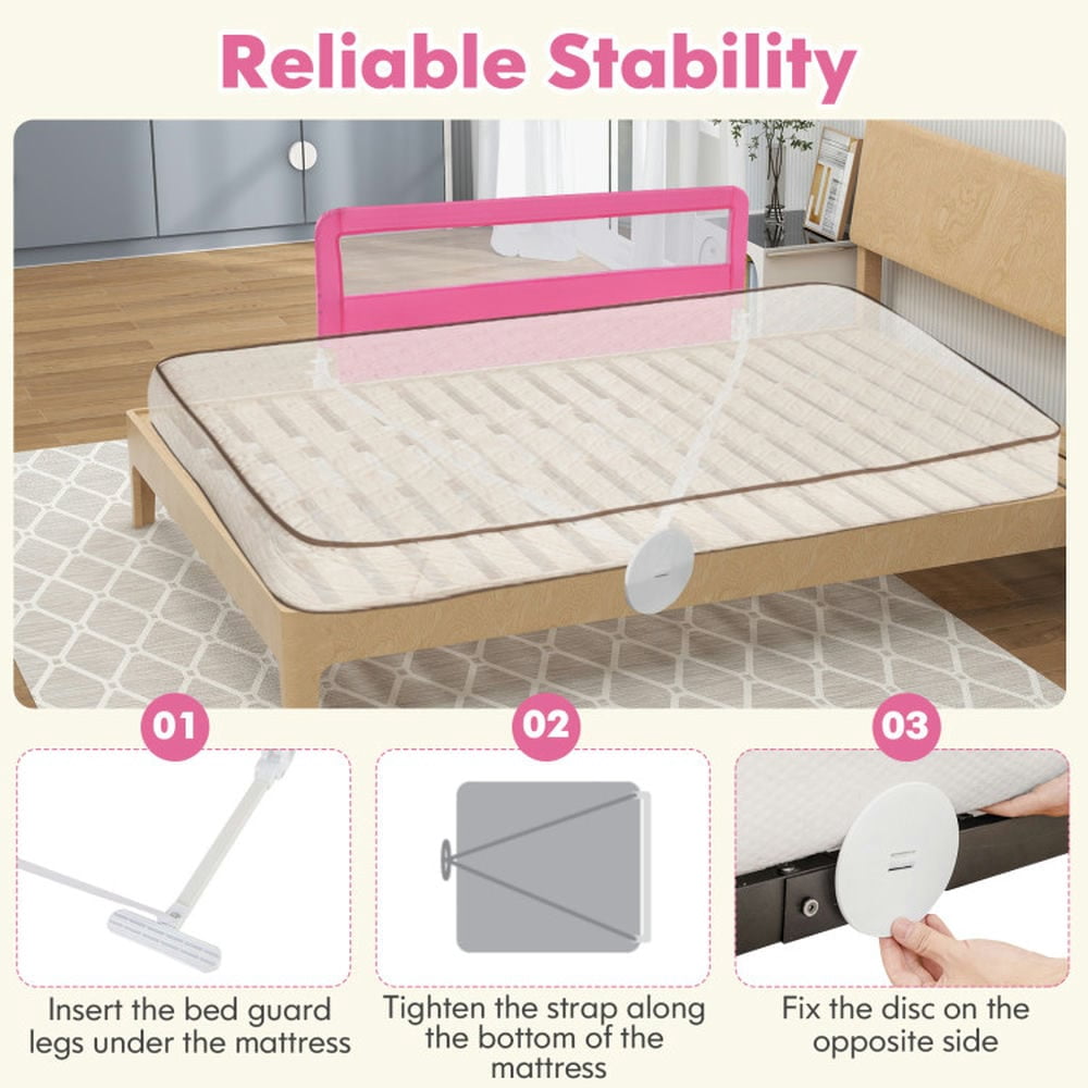 Spaco 59 Inch Folding Breathable Baby Bed Rail Guard with Safety Strap, Bed Rail for Queen, King, Twin, and Bunk Size Beds, Pink