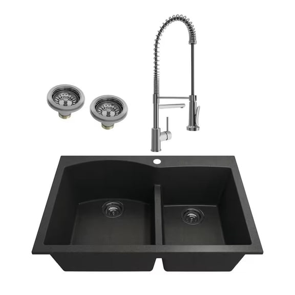 BOCCHI 1602-505-2019SS Dual Mount Granite Composite 33" 2 Bowl Kitchen Sink Kit