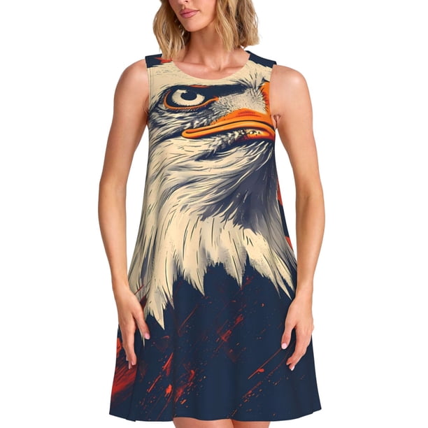 Fotbe American Bald Eagle A Vestido de Verano sin Mangas para Mujer – Vestido Midi Línea A, Estilo Camiseta Floral, Vestido Playero Casual y Fluido