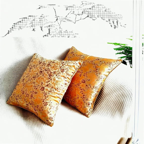 Luxury Gold Jacquard Pillow Covers - 18x18 Inch Silky Style with Rope Border - Elegant Home Decor for Couch, Sofa, Bed - Brownish Gold Accent - Set of 2