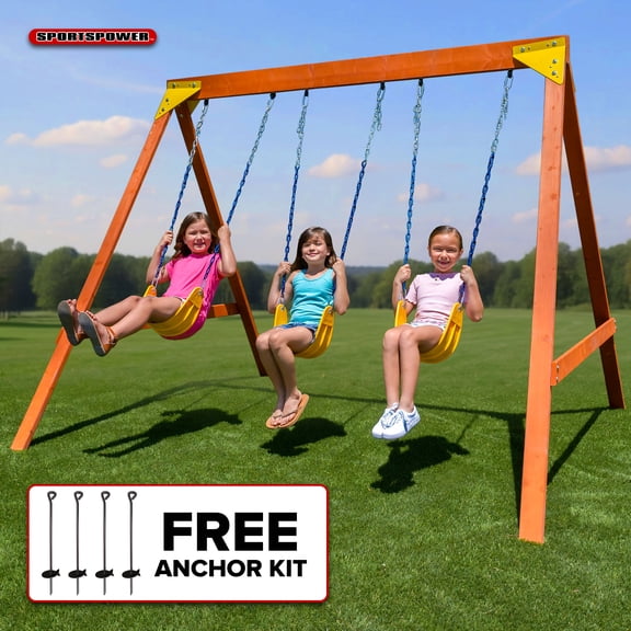 Sportspower Brooklyn Wooden Swing Set with 3 Swings, Great for Kids Aged 3-8