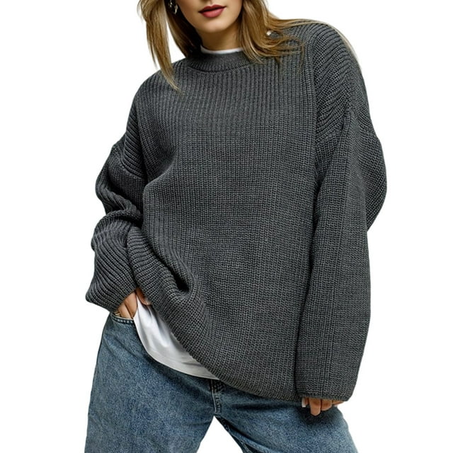 Suéter de Cuello Redondo para Mujer, Suéter de Punto Holgado e Informal de Larga para Otoño e Invierno. Gris Oscuro L
