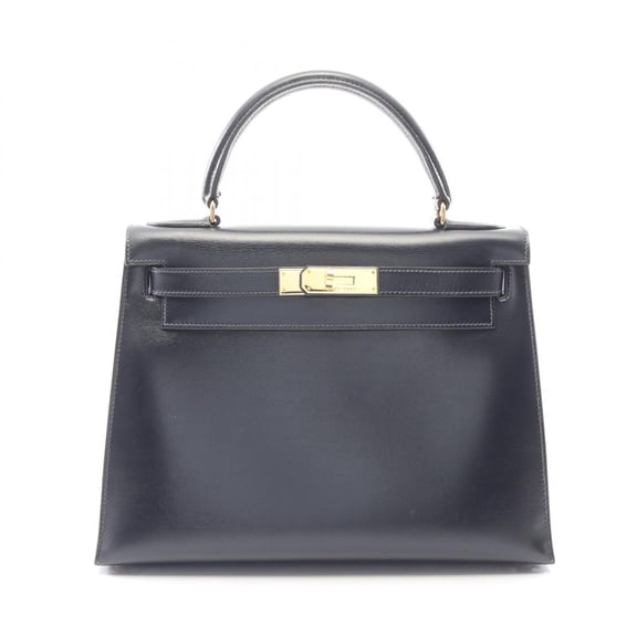 Pre-Owned Hermes Kelly 28, 2-way handbag, calfskin (box calf leather), navy blue.